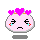 Pixel art character with pink face, purple hearts on head, closed eyes, and tears; mouth alternates between downturned and open states.