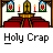 Animated contact sheet of a 48x48 pixel buddy icon showing sequential frames where the text "Holy Crap" appears below repeated poop emojis, with an initial church altar background in frame 0 that transitions to solid yellow backgrounds in subsequent frames.