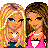 Pixelated cartoon image of two female characters with text in bright pink letters on white background, arranged as a contact sheet frame from an animated icon series.