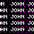 Pixelated text repeats across a black background with purple dots, showing partial and full 'JOHN' lettering in white.