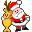 Pixelated static icon of Santa Claus holding a golden trophy with reindeer antlers, set against gray background.