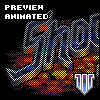 Pixel art animated preview showing multiple scenes with fiery text, a character on a platform, and an indoor setting beneath 'PREVIEW ANIMATED' labels.