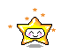 Yellow star-shaped avatar with white face, pink cheeks, and smiling expression surrounded by orange stars on gray background.