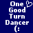 Blue background with white pixelated text reading "One Good Turn Dancer (:" and a white pixelated heart symbol above the text on the left side.