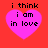 Four identical pixelated pink hearts on red background with black text "i think i am in love" inside each heart.