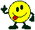 Two yellow circular smiley faces with black eyes and mouths, red lips, dark green limbs, standing side-by-side on a gray background.