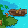 Pixel art scene showing a wooden boat on blue water with green foliage and a tree stump on the shore.
