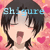 Pixelated anime-style character with black hair and closed eyes, mouth open in a smile against pink heart-patterned background.