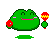 A 4-frame pixel art animation of a green frog-like character with pink eyes and mouth, holding red flowers that change position across frames on a gray background.