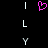 Pixelated pink heart symbol centered between white vertical bars on black background, with two of white L-shaped and Y-shaped symbols below