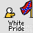 Pixel art icon shows yellow-shirted figure with white head holding Confederate flag, with 'White Pride' text below; animation cycles flag waving and heart symbols above the figure.