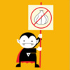 Pixelated vampire character holding a sign with a crossed-out garlic bulb on a solid yellow background.