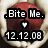 .Bite Me. with a heart symbol and date 12.12.08 on a pixelated red background.