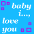 Static pixel art icon with blue background featuring white text and purple square symbols.