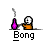 Pixel art animation of a character with a white skull face and orange body holding a purple flask, with smoke rising from the flask and the word "Bong" below.