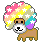 Pixelated dog with brown body and white face stands beneath a rainbow-colored afro of pink, yellow, green, blue, purple segments each containing white stars.