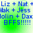 Blue text on green gradient background reads 'Liz + Nat + Liz + Nat +', 'Wak + Jess Wak + Jess', 'Daxolin + Daxolin + Dax', and 'BFFS!!!!!' in four repeated sections.
