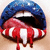 Lips painted with red, white, and blue stripes resembling the American flag, with a tongue extended and dripping red liquid.