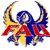 Pixelated icon with blue, yellow, and red colors forming a stylized figure with curved arms and a circular head against a white background.