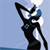 Pixelated figure in black attire with blue accents, arms raised against light blue background, white circular elements near head.