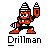 Pixel art character with red and black armor, white accents, and a striped helmet holding a drill, standing on a gray background with 'Drillman' text below.