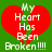 Red broken heart with white text 'My Heart Has Been Broken !!!!' on green background, two identical static frames shown side-by-side.