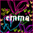 Pixelated icon with 'emma' text over abstract floral patterns in pink, blue, green, and yellow on black background.