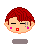 Pixel art of a character with red hair, closed eyes, and pink cheeks; left side shows normal face, right side has blue liquid covering half the face.