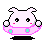 Pixelated character with pink body, black eyes, and cyan accents on a gray background.