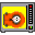 A pixelated orange and black figure with a white circular face appears in , changing shape against a yellow background within a gray border