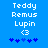 Blue background with white pixelated text reading Teddy Remus Lupin and <3, plus five blue star-like symbols below.