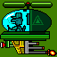Pixel art of a green and blue flying vehicle with two propellers, one red light on top, and four engines emitting flames.