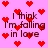 Pixelated pink background with red heart symbols and brown text reading "I think I'm falling in love" arranged in a repeating pattern.