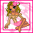 Pixel art contact sheet of a 3-frame animated icon featuring a cartoon character and text phrases on pink-and-white backgrounds with red borders.
