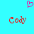 Pixelated cyan background with pink heart symbol above two red 'Cody' text instances, each rendered in blocky 8-bit style.