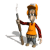 Animated character in orange vest and red sleeves holding a long object with flame, standing on white background.