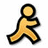 Pixelated yellow figure with black outline in walking pose, surrounded by text labels and symbols on white background.