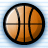 Pixelated basketball icon with black outline, orange and beige panels, dark brown lines on a light blue striped background.