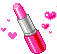Two pink lipsticks with silver bands and red stripes on the base, surrounded by floating pixelated hearts in various sizes against a gray background.