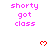 Pixelated pink text "shorty got class" appears in multiple with red heart symbols above and below, set against a white background with partial gray area