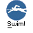 Pixelated buddy icon featuring a blue circular background with white swimmer silhouette and text elements "Swim!" and "InstantIcons.com" on gray backdrop.