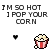Pixelated text and animated popcorn icon with heart and sparkles on white background.