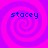 Four identical spiral patterns in purple and pink with blue text reading 'stacey' on each, arranged in a