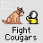 Animated pixel art contact sheet showing a dog mascot interacting with a yellow object across 21 frames, labeled "Fight Cougars" below each frame.