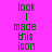 Pixelated green text on bright pink background with cyan rectangular overlays, displaying 'look I made this icon' in three vertical