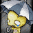 Yellow cartoon character with large white eyes and blue tear under left eye holding gray-and-white striped umbrella in rainy scene.