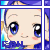 Pixelated anime-style character with large blue eyes, pink cheeks, and short purple hair; text "FAN" in blue block letters at bottom left.