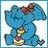 Blue cartoon character with brown bow, closed eyes, and yellow-and-brown chest marking holding a cupcake-like object.