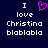 Dark blue background with white pixelated text reading "I love Christina" and "blablabla" on both sides, a pink pixelated heart symbol above the left "I".