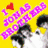 Yellow background with pink text "I ❤️ JONAS BROTHERS" and a group of people, with "Nick+", "Joe+", "+Kevin" text overlays on separate sections.